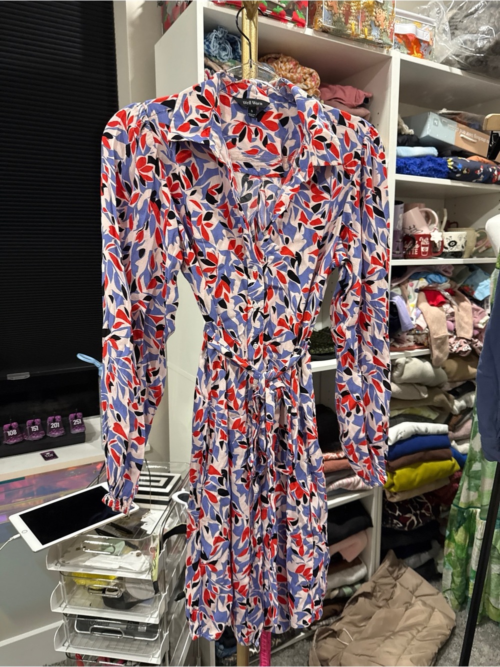 Well Worn Red Blue White Long-Sleeve Tie-Waist Shirt Dress Buttons pockets Small - Picture 2 of 8